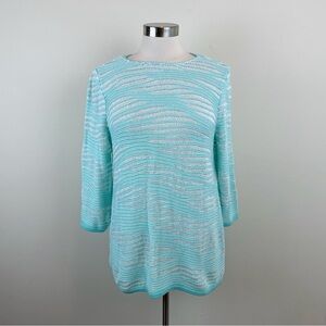 Chico's Blue White Stripe Crochet Knit Top Women Size Large